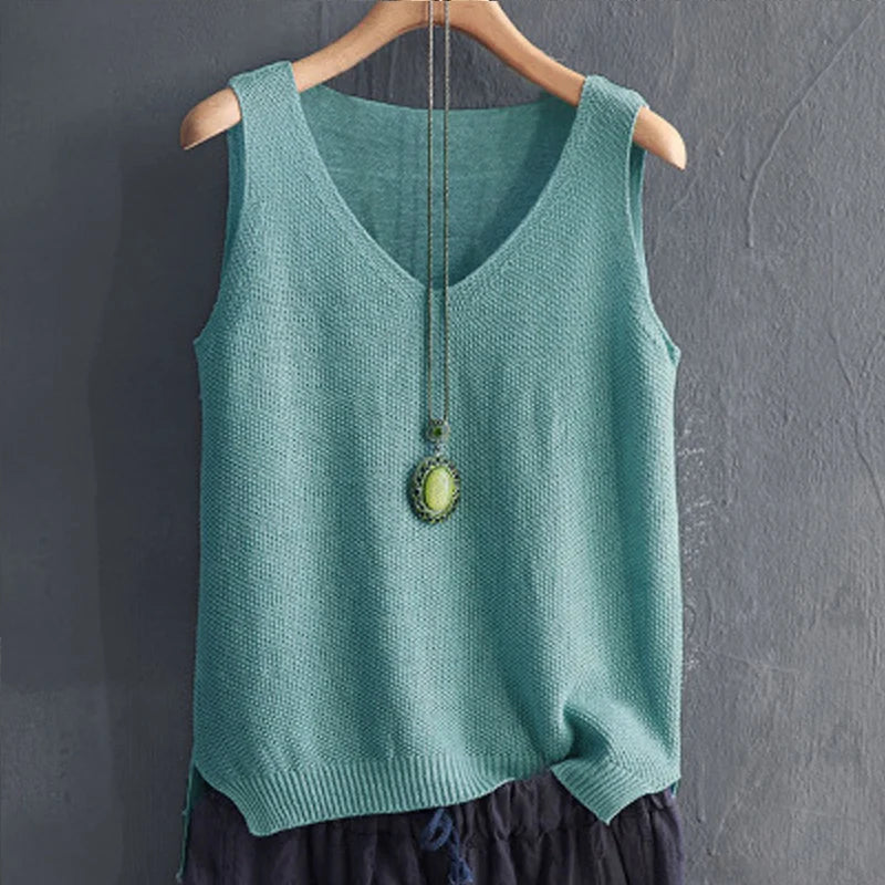 Pullover Women's V-neck Blouse/Thin Knitted Loose Tops/Basic Solid Color Sleeveless/T-shirt For Women Casual Blouses.