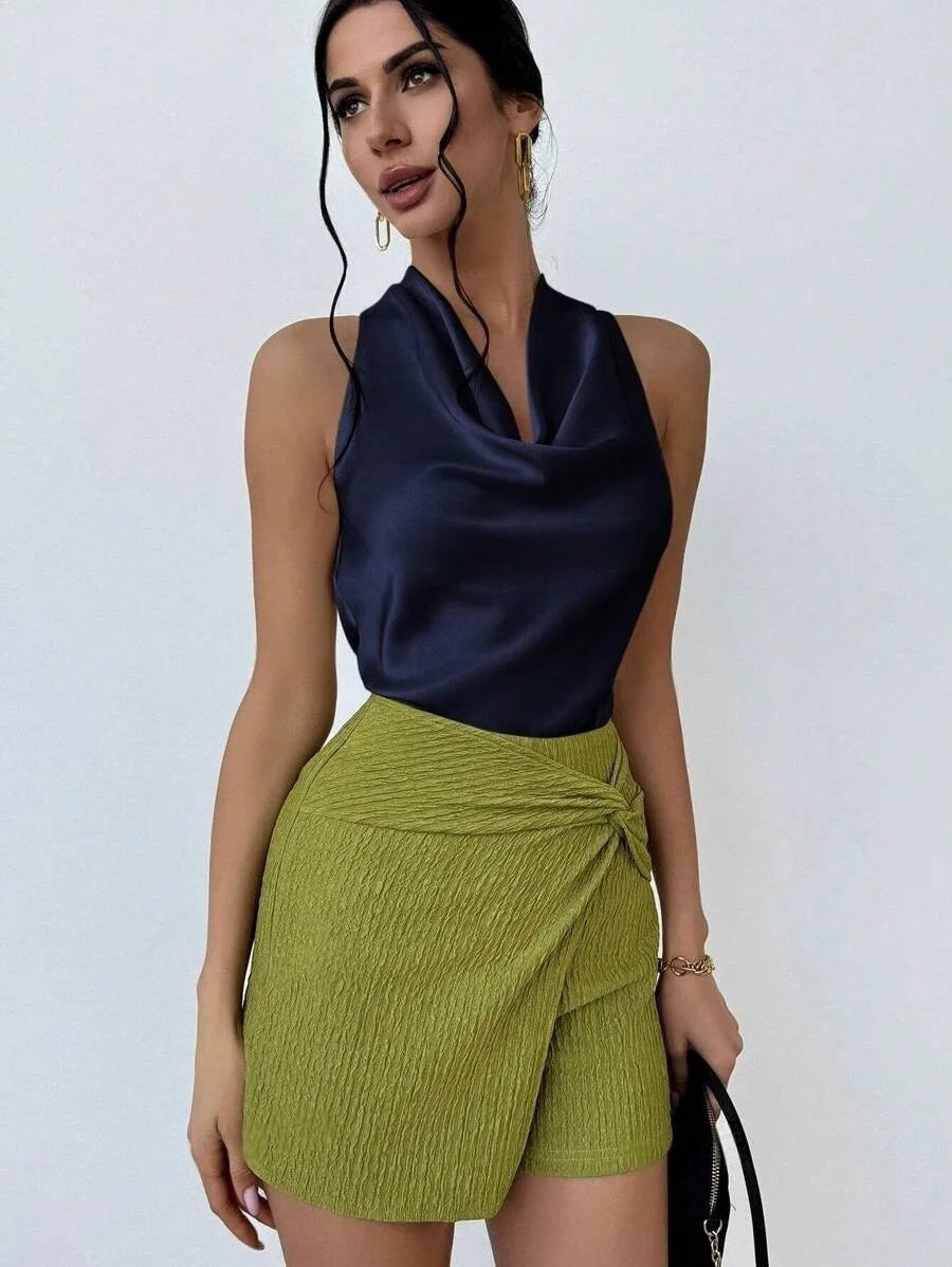 Elegant Satin Halter Blouse for Women – Sleeveless Bow Neck Office Lady Top
