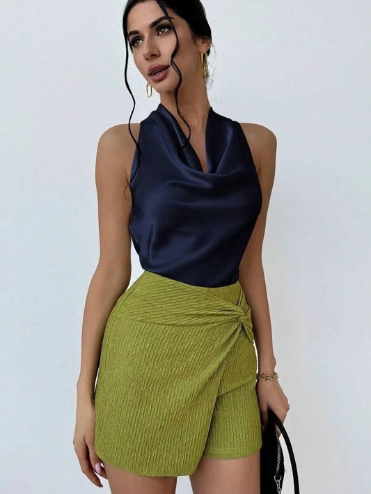 Elegant Satin Halter Blouse for Women – Sleeveless Bow Neck Office Lady Top
