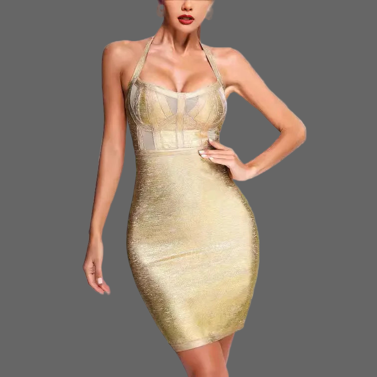 New Gold Foil Sexy Dress/Halter Body~Con  Mini Bandage Dress/Sleeveless Nighclub Party Fashion Celebrity Dress.