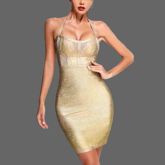 New Gold Foil Sexy Dress/Halter Body~Con  Mini Bandage Dress/Sleeveless Nighclub Party Fashion Celebrity Dress.