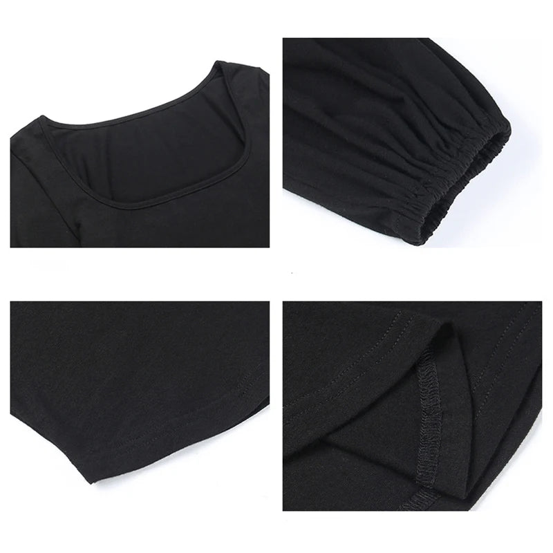 Stunning Black Puffy Blouse/Square Collar Slim Solid T-shirt. Stretched Sized Blended Fabric.