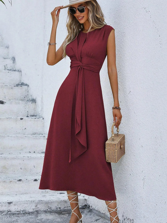 Elegant Sleeveless Waist Tie Midi Dress for Women – Romantic Vacation A-Line Summer Dress | Casual Chic Date Night Outfit | Modern Blend Boutique