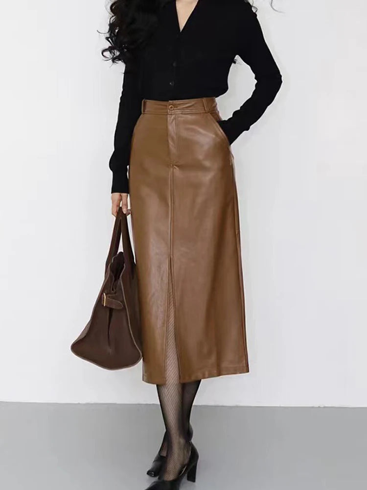 Genuine Sheepskin Leather Front-Slit Midi Skirt