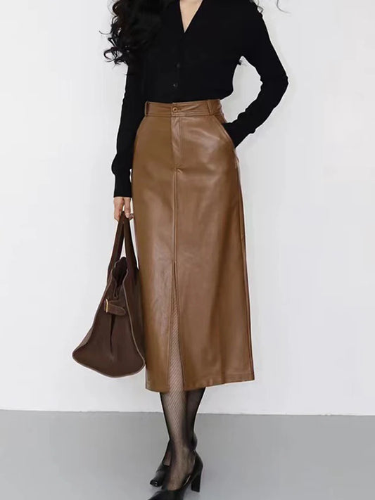 Genuine Sheepskin Leather Front-Slit Midi Skirt