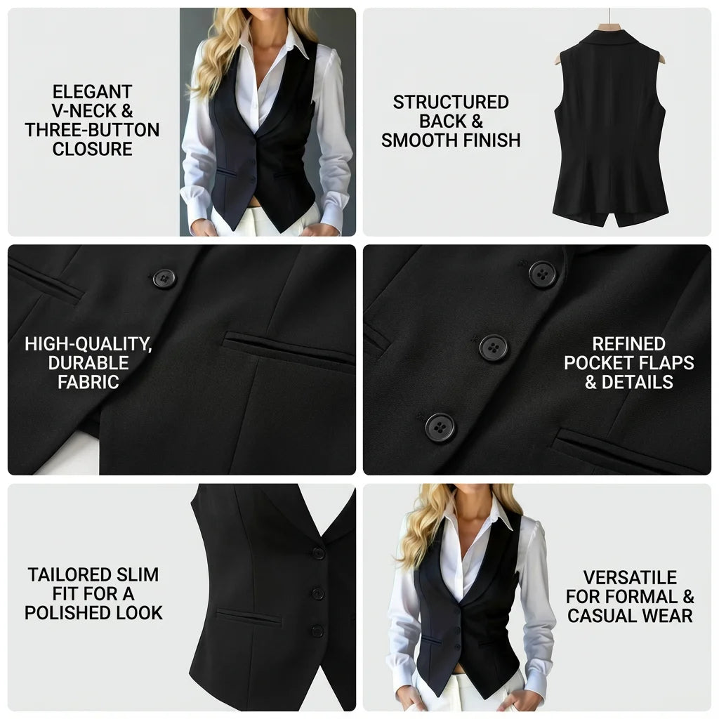 Women’s Classic Tailored Suit Vest – Black Single-Breasted Sleeveless Waistcoat | Elegant Office & Chic Layering Top