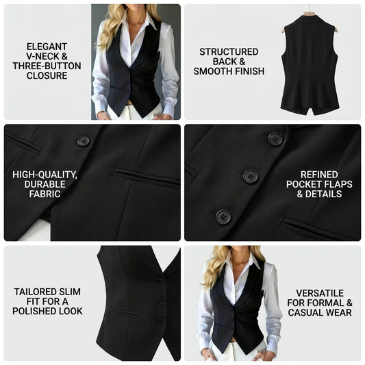 Women’s Classic Tailored Suit Vest – Black Single-Breasted Sleeveless Waistcoat | Elegant Office & Chic Layering Top