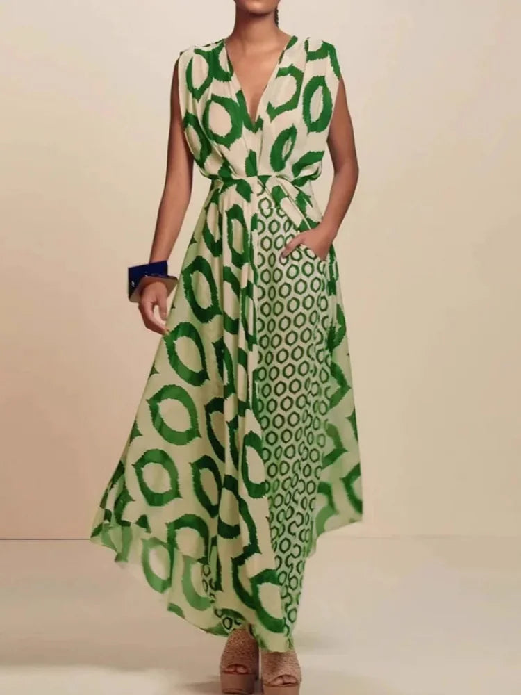 Two-piece Suit Ladies Dress/Printed Sleeveless/V-Neck Lace-Up Top/Slim-Fit Trousers Set.