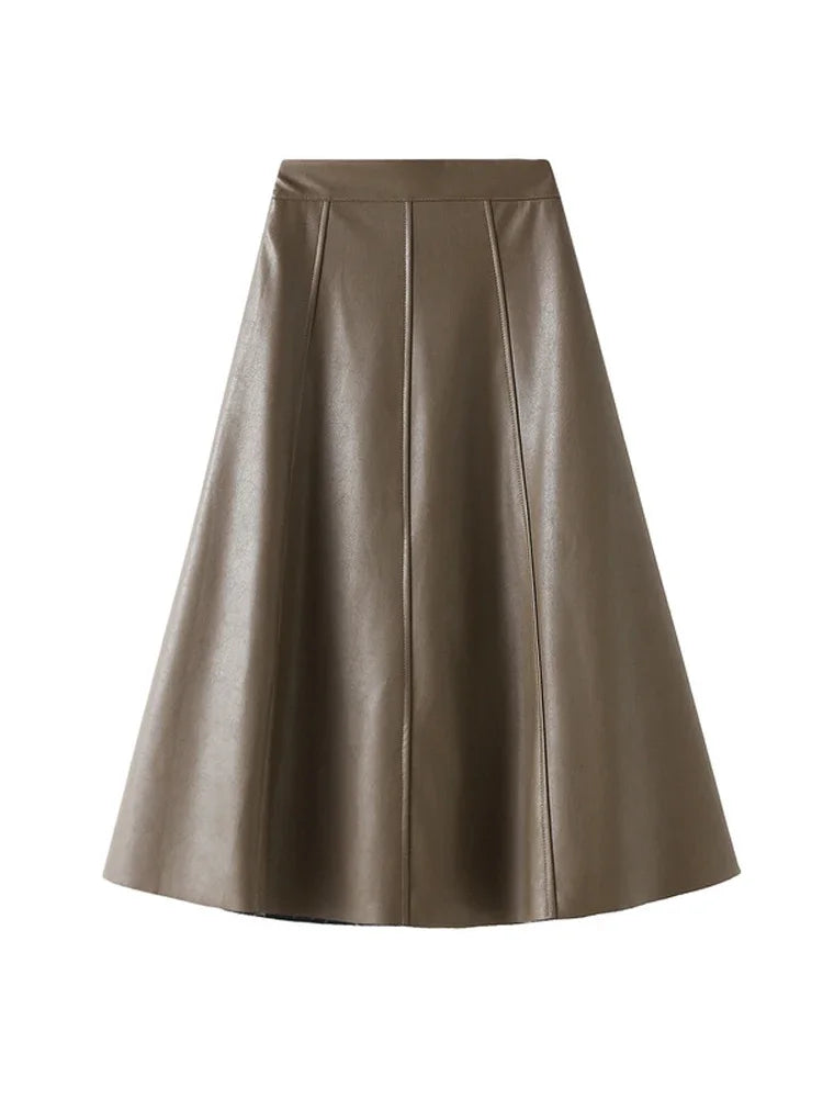 Vintage Faux Leather Skirt Women Autumn Fashion/Midi Long A Line Skirt Female Beige Khaki Elegant PU Skirt A319.