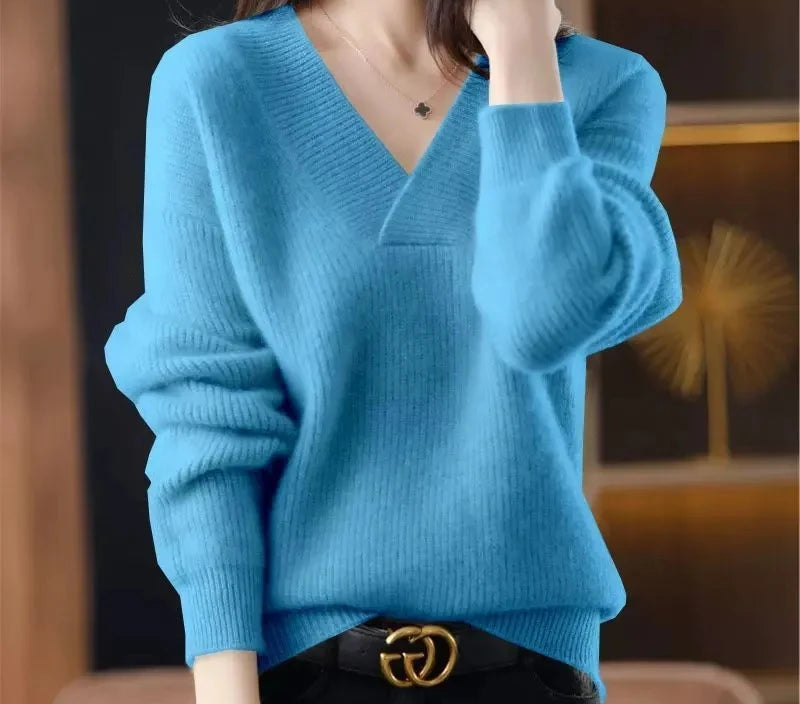 Stylish Cashmere Sweater/Women's 100% Wool Sweater/Fashion V-neck Knitted Pullover/Winter and Autumn Loose Solid Soft Sweater