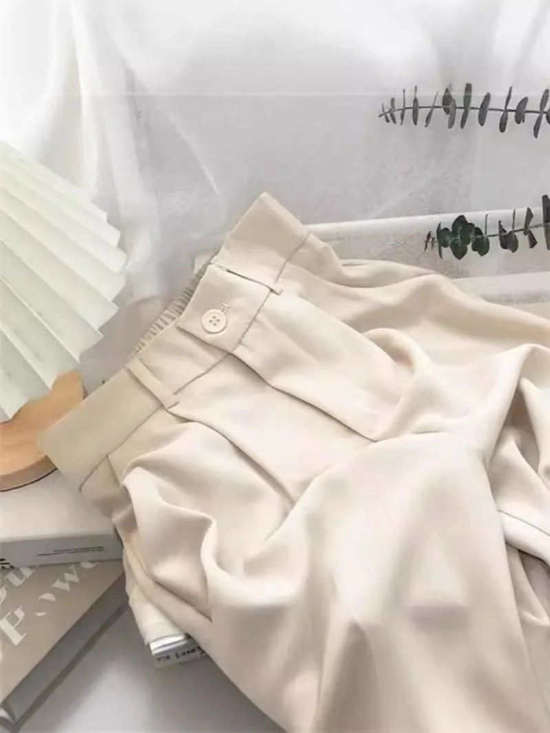 High-Waist Pleated Straight-Leg Trousers for Women | Elegant Tailored Casual Suit Pants | Soft Blush Pink Fashion Pants