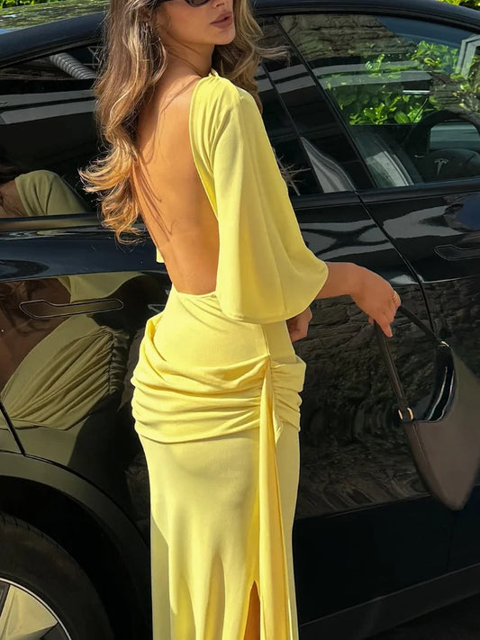 Hollow Out Solid Split Hem Maxi Dress/Fashion Long Sleeve Backless Dress/New Lady Daily High Street Robes.