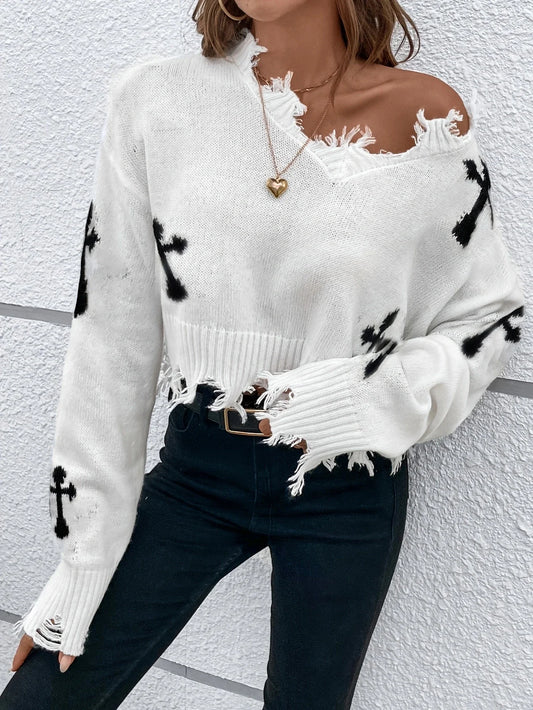 Cozy Cross Pattern Drop Shoulder Crop Sweater/V~Neck Sweater/Distressed Ripped Long Sleeved Sweater.