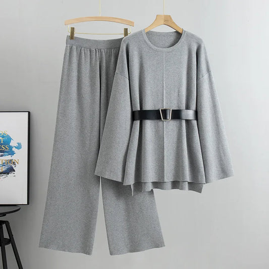 Women’s Elegant Knit Two-Piece Set | Belted Sweater & Wide-Leg Pants | Timeless Minimalist Elegance