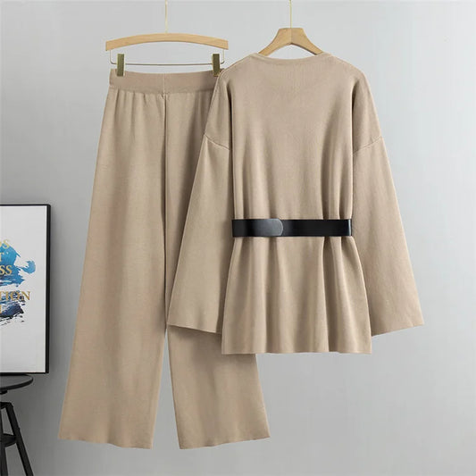 Women’s Elegant Knit Two-Piece Set | Belted Sweater & Wide-Leg Pants | Timeless Minimalist Elegance