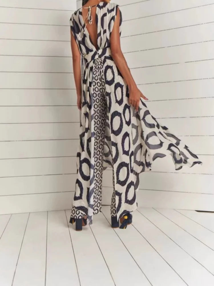 Two-piece Suit Ladies Dress/Printed Sleeveless/V-Neck Lace-Up Top/Slim-Fit Trousers Set.