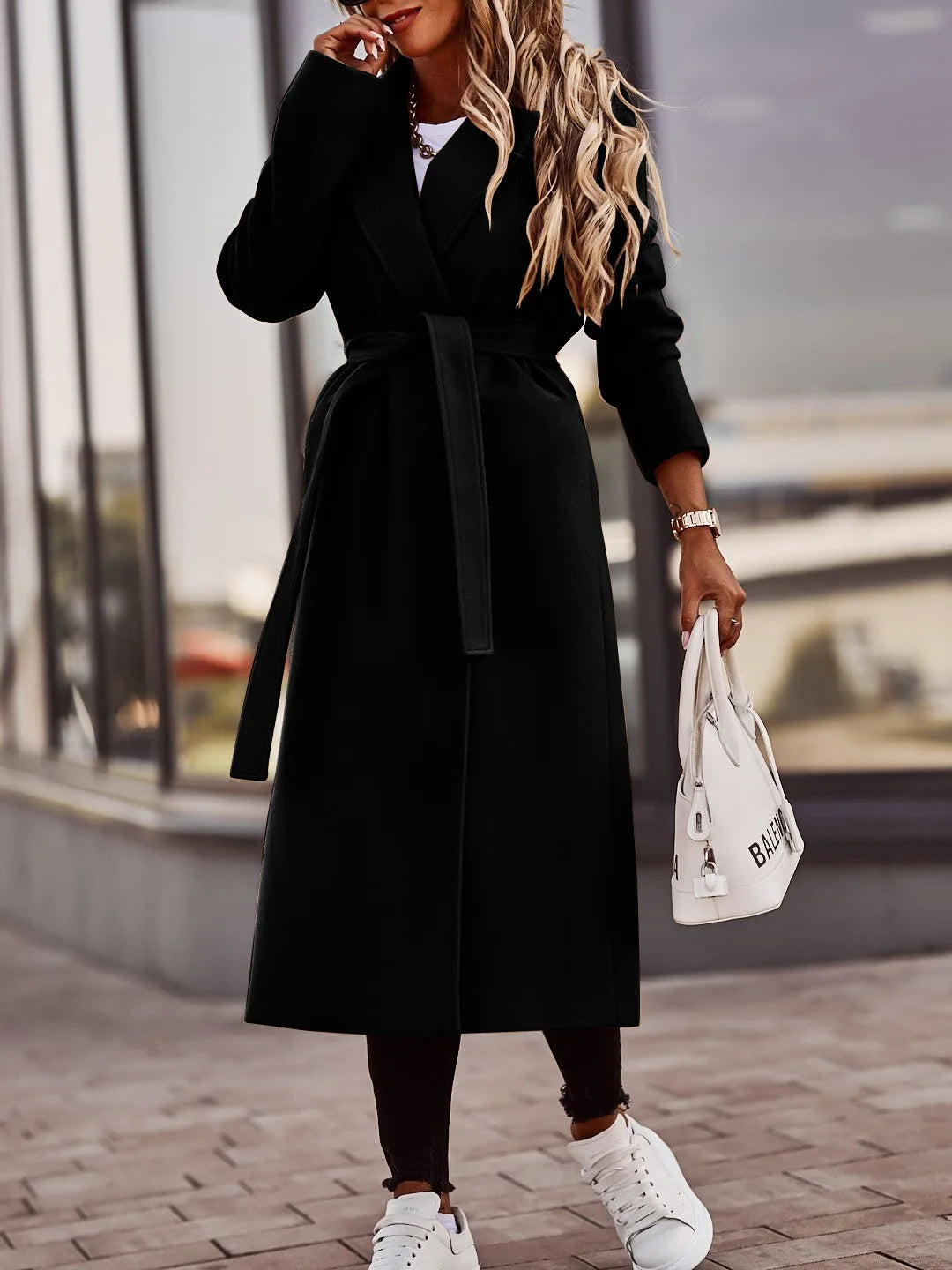 Elegant Turn Down Collar/Wool Long Coat Vintage Solid Outwear/Full Sleeve/Button Coats/Blends Belt/Pockets Autumn Winter season.