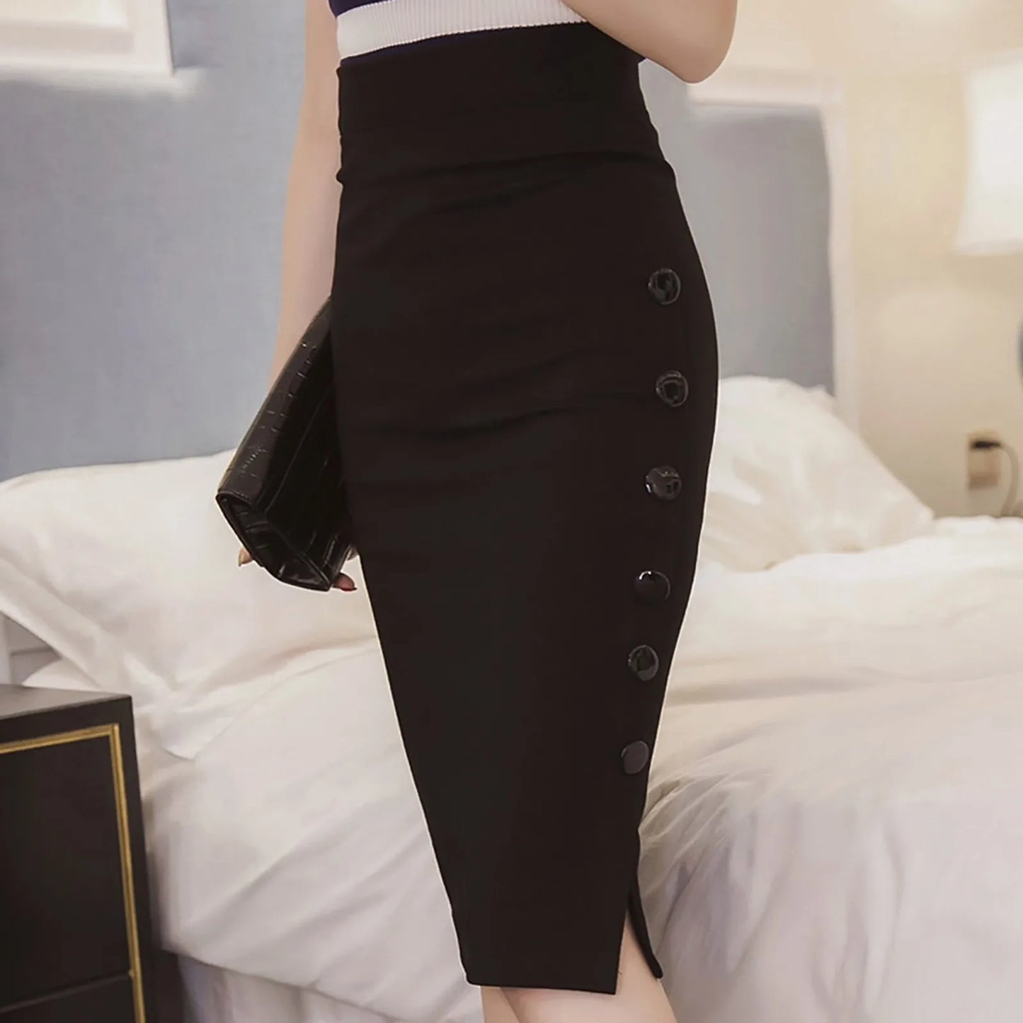 Elegant High Waist Fitted Skirt/Slit Pencil/Stretch Midi Skirts/Knee Length Fitted Skirt/Broadcloth Material.