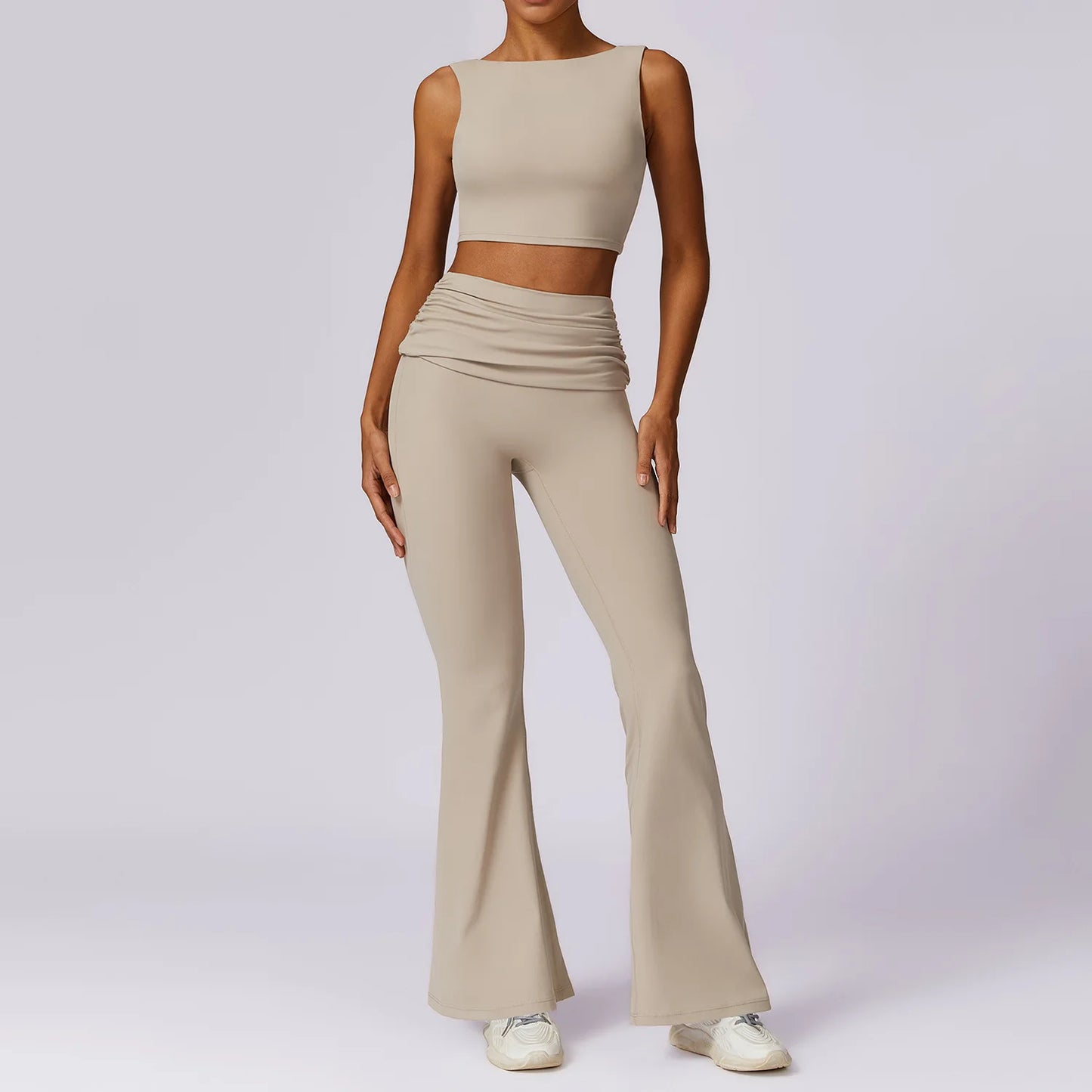 High-Waisted Flared Active Pants with Sculpting Fit – Neutral Beige