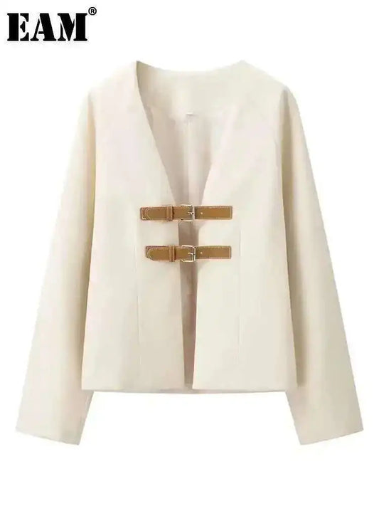 Strapped V Neck Elegant Blazer/New Long Sleeve/Metal Buckle Jacket Fashion Tide Autumn.