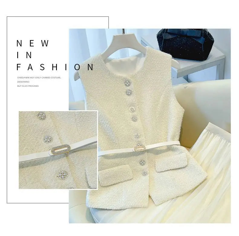 Luxury Cream Bouclé Vest & Tulle Maxi Skirt Set – Elegant Two-Piece Women’s Boutique Outfit