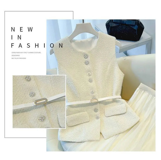 Luxury Cream Bouclé Vest & Tulle Maxi Skirt Set – Elegant Two-Piece Women’s Boutique Outfit