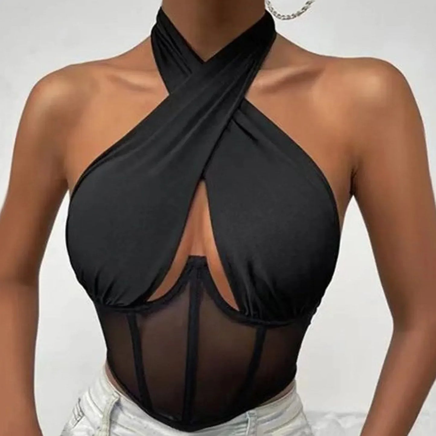Elegant Halter Neck Mesh Corset Top for Women | Sheer Panel Wrap Neck Crop Top | Clubwear & Night Out Fashion