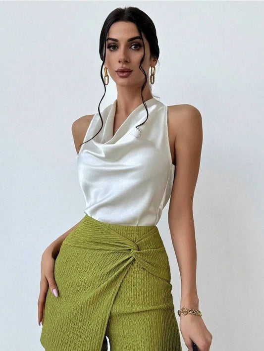 Elegant Satin Halter Blouse for Women – Sleeveless Bow Neck Office Lady Top
