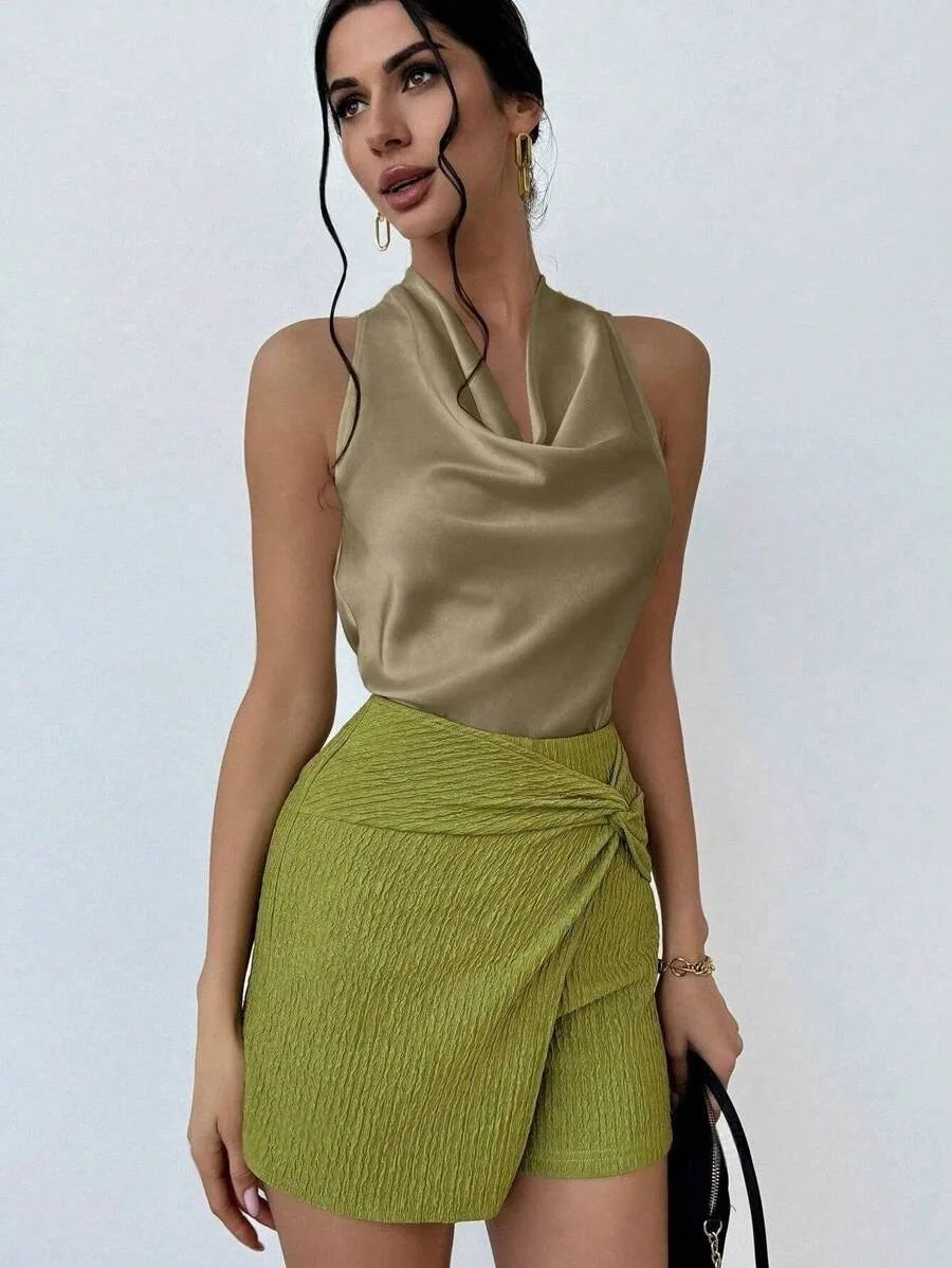Elegant Satin Halter Blouse for Women – Sleeveless Bow Neck Office Lady Top