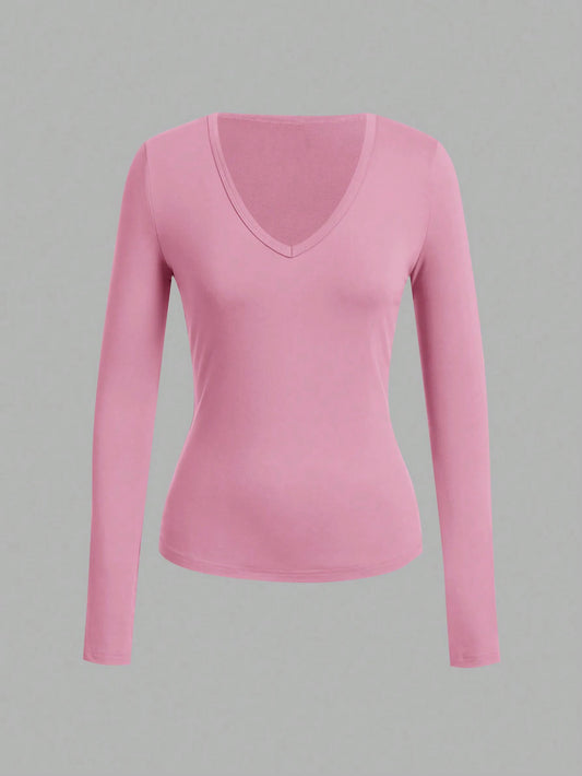 Long-Sleeve V-Neck Fitted Top – Soft Stretch Everyday Essential