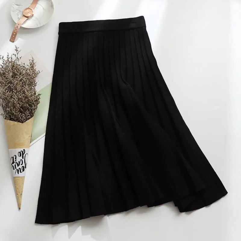 Fashioned Solid Color Knitted Skirt/Pleated A-Line Trend/All-match Elastic High Waist Skirt/Women's Clothing.