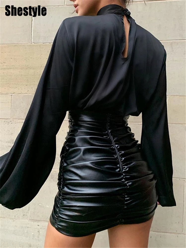 Shestyle White Satin Lantern Sleeve/Solid Shine Loose Sexy Short Crop Tops Women High Waist Work Shirt.