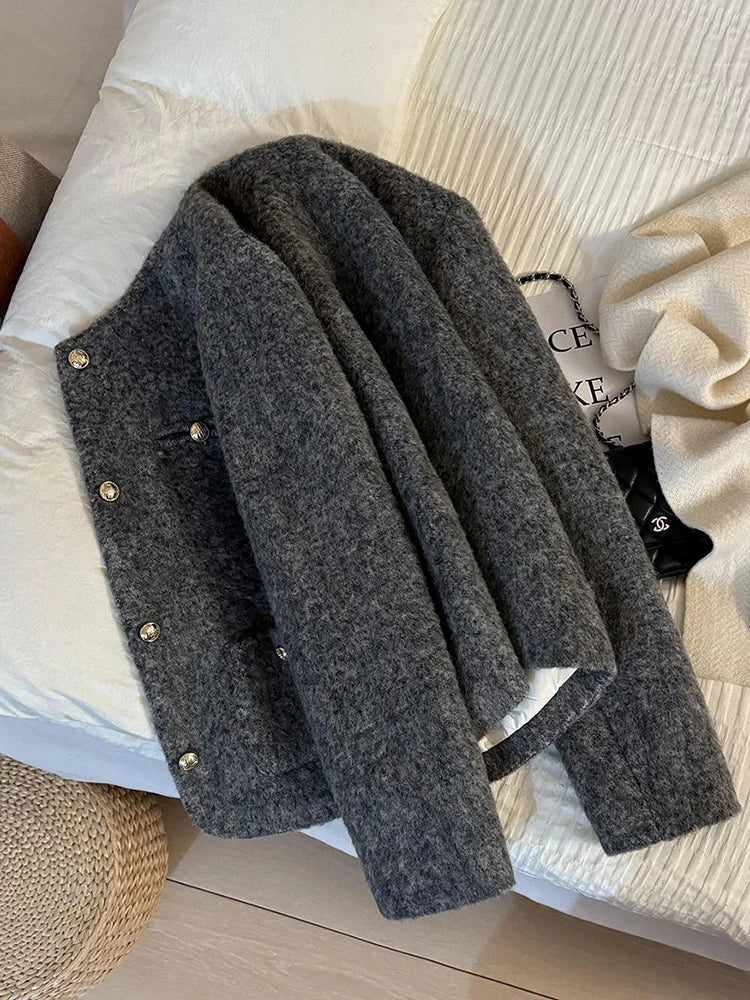 Women’s Thick Wool-Blend Jacket with Gold Buttons – Structured O-Neck Vintage Coat | Autumn Winter 2025