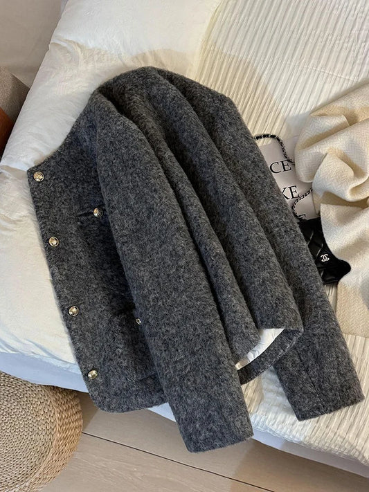 Women’s Thick Wool-Blend Jacket with Gold Buttons – Structured O-Neck Vintage Coat | Autumn Winter 2025