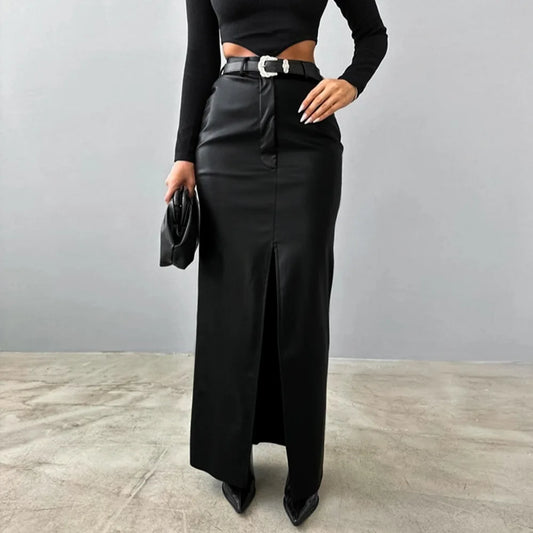 Luxury High-Waist Faux Leather Midi Skirt with Front Slit – Elegant Tailored Fit