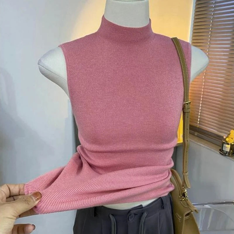 Knitted turtleneck sweater/Women Half High Collar Fashion/Autumn Basic Slim Sleeveless Sweaters/All-match Ulzzang Leisure Knitting. Popular Slightly Stretch.