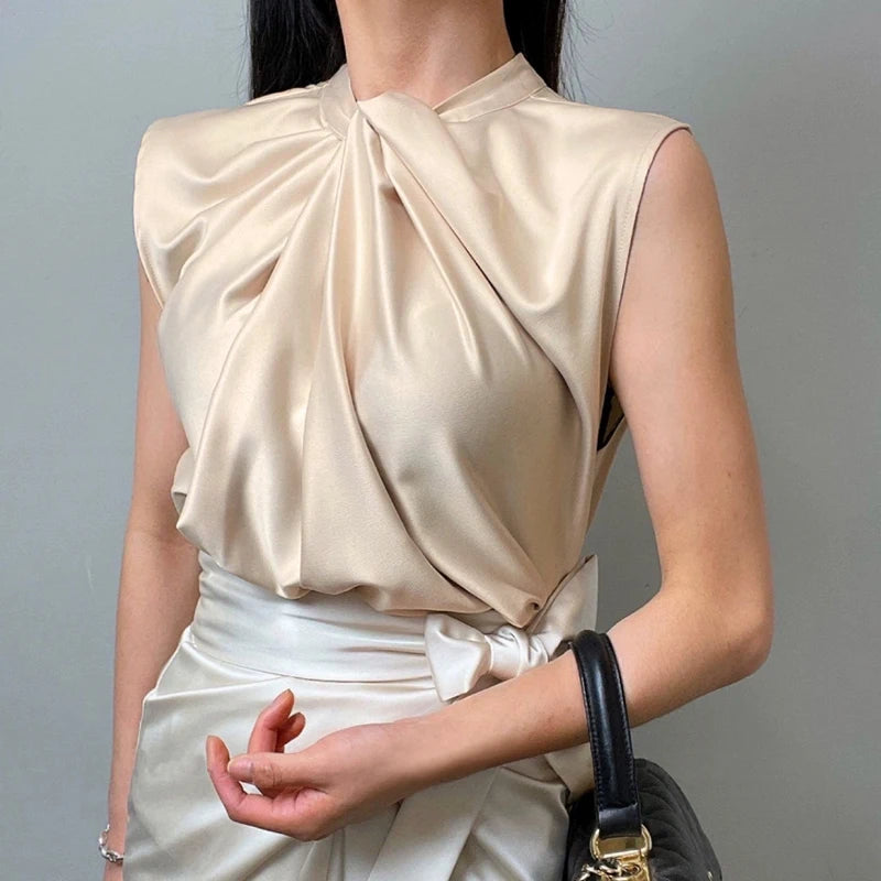 Women’s Satin Twist-Neck Sleeveless Blouse – Elegant Draped Office & Occasion Top