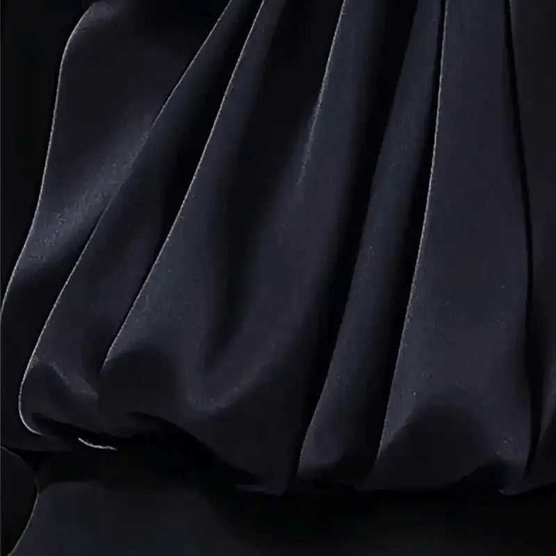 Black Satin High-Neck Blouse with Crystal Accent|Elegant Jewel Neck Long Sleeve Satin Blouse
