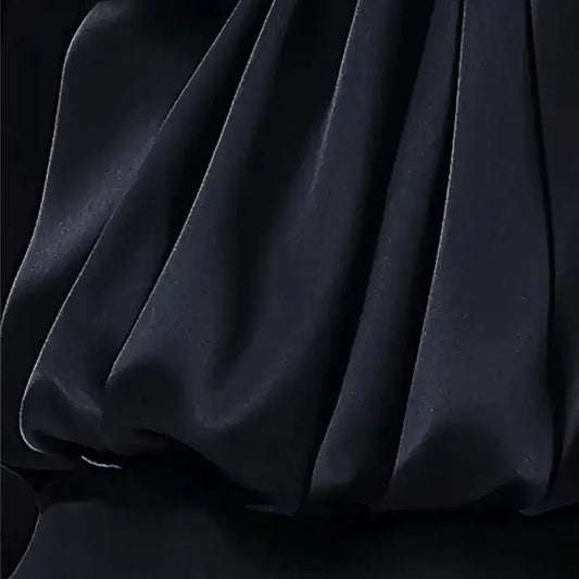 Black Satin High-Neck Blouse with Crystal Accent|Elegant Jewel Neck Long Sleeve Satin Blouse
