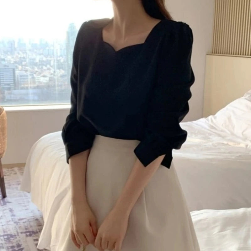 Solid Puff Square Collar Blouse for Women/Casual Loose Fitted Style.