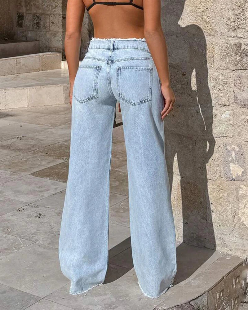 Anatomic Raw Hem Denim Jean’s/High Waisted Wide Leg Jean’s/Slimming Floor-Length Casual Trousers Loose Fit Trendy.