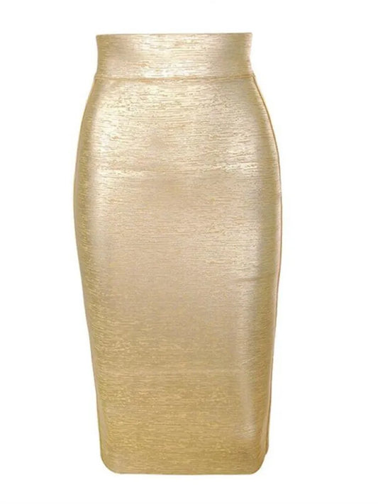 Gold Metallic High-Waist Bodycon Midi Skirt for Women – Stretch Fitted Pencil Skirt