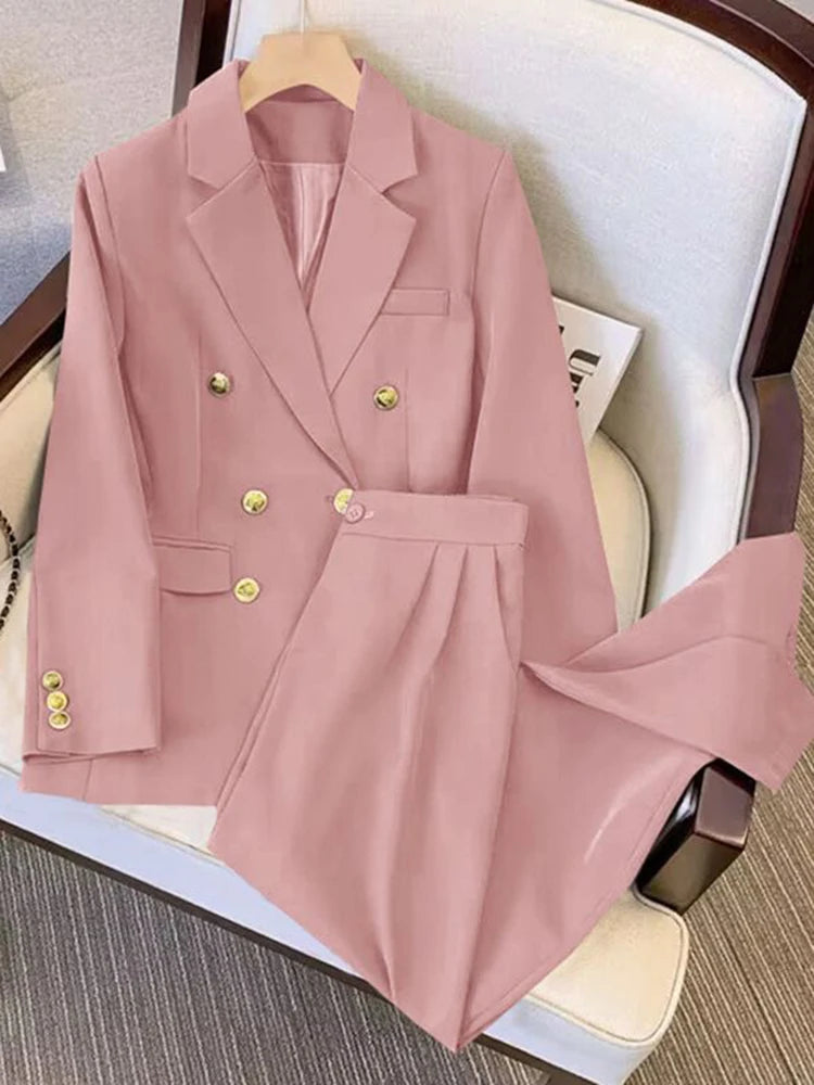 Khaki Office Double Breasted Suits Sets Women New Long Sleeve Blazer Jackets Conjunto Ol High Waist Straight Pants Outfit