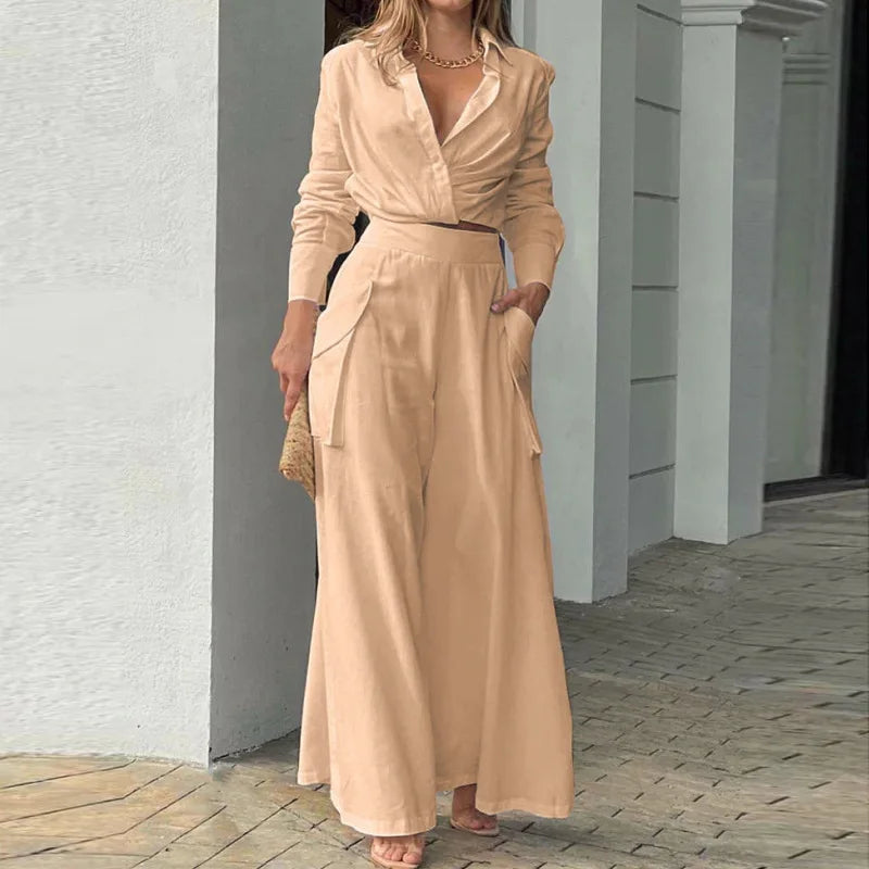 2 piece set/Unique Criss-Cross Solid/Long Sleeve Crop Shirt & High Waist Pants/Turn Down Collar/Broad Cloth Dress/Tatting Craft.