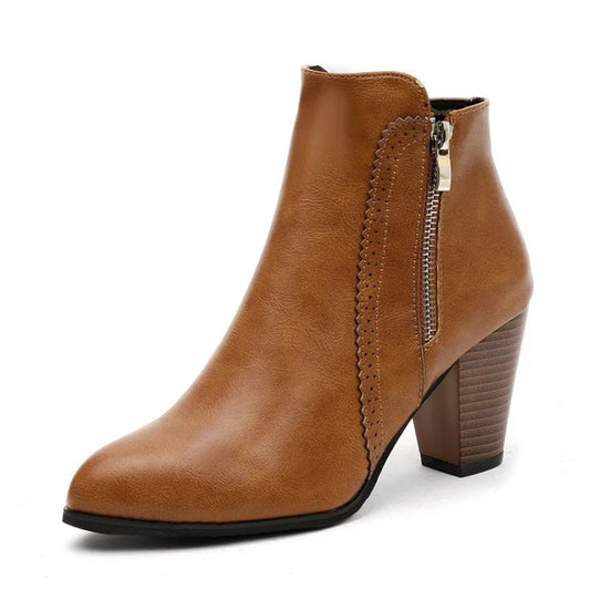 Women’s Faux Leather Ankle Boots | Chunky Block Heel, Side Zipper, Round Toe, Classic Dress Booties – Black & Cognac Brown