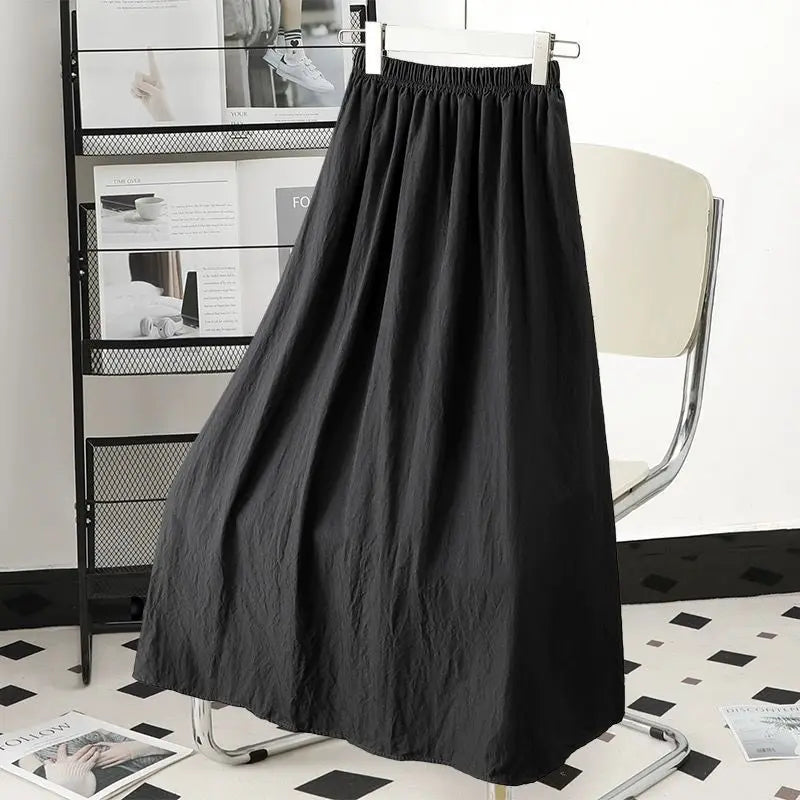 Solid New Trendy Pleated High Waist Solid Color Versatile Casual A-line Skirt/Ankle Length Tatting Craft.