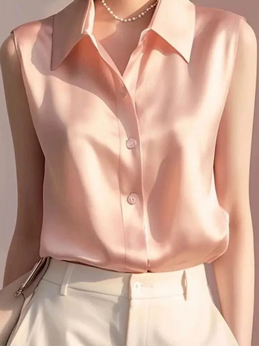Sleeveless Satin Blouse for Women – Elegant Button-Front Top