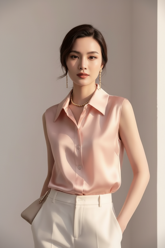 Sleeveless Satin Blouse for Women – Elegant Button-Front Top