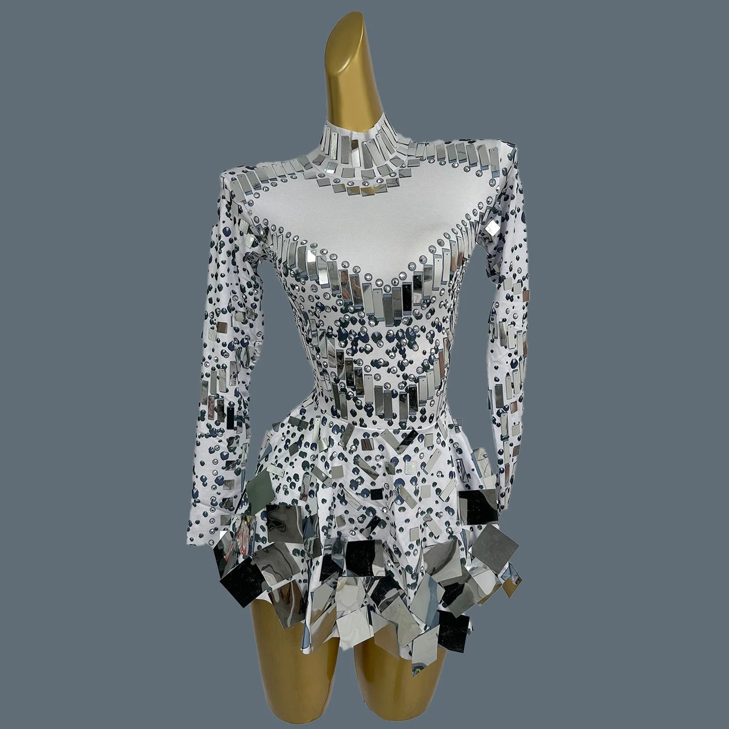 Dazzling Golden Rhinestone Mini Dress/Stage Sequined Maxi Dress/Concert Event Day/Crystal Mirror Silhouette A-LINE Dress.