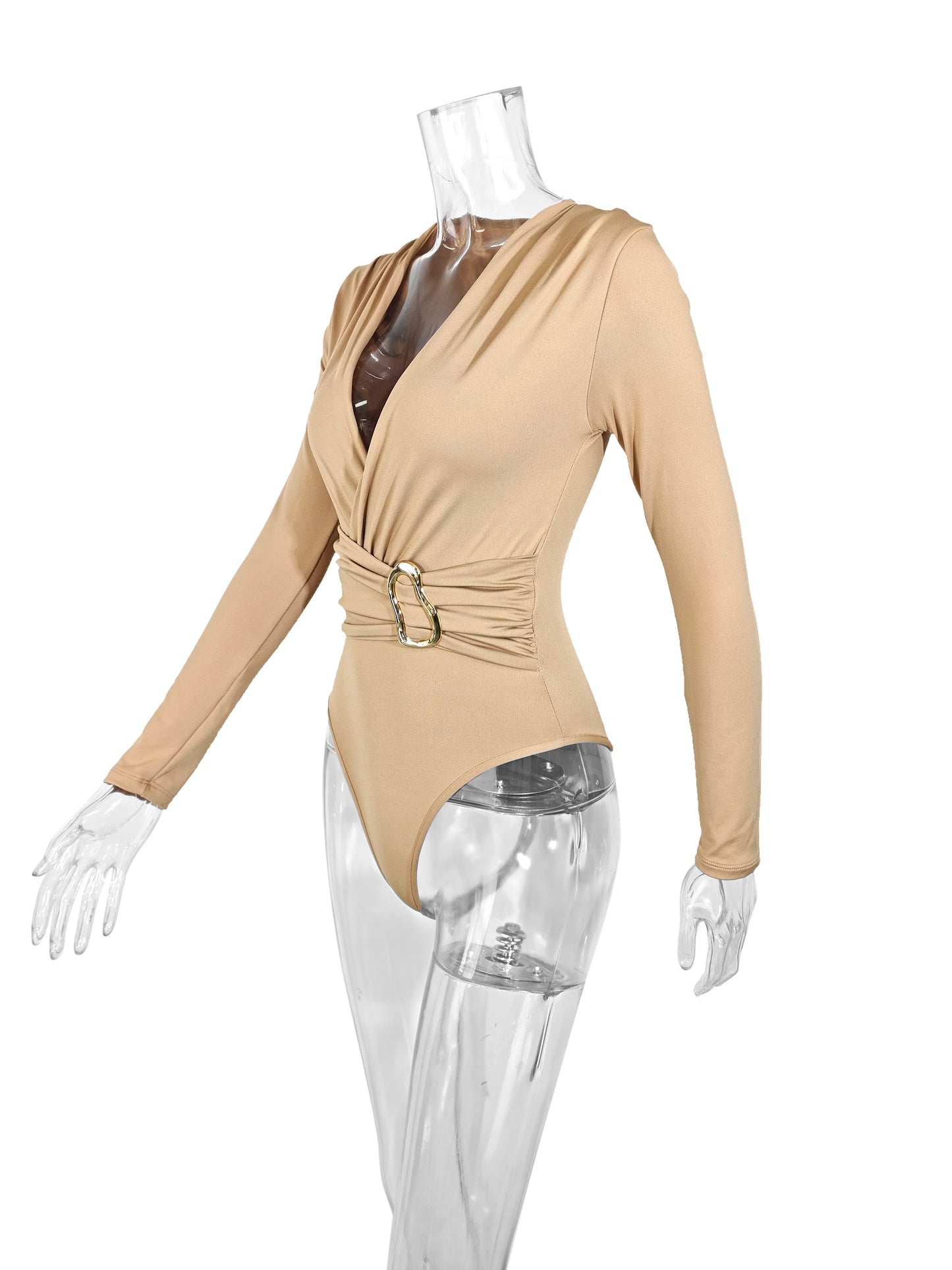 Modern Blend Boutique Deep V Wrap Bodysuit – Elegant Long Sleeve Buckle Waist Slim Fit Bodysuit for Women